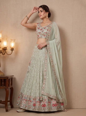 Light Green Color Sequins Embroidery Work Semi-Stiched Lehenga Choli