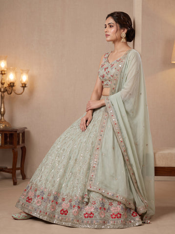 Light Green Color Sequins Embroidery Work Semi-Stiched Lehenga Choli