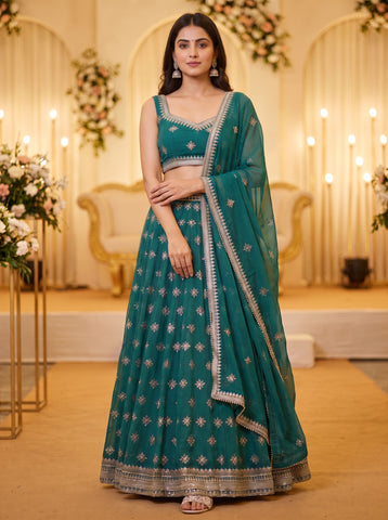 Teal Blue Sequins Embroidered Lehenga Choli