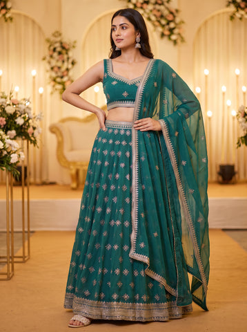 Teal Blue Sequins Embroidered Lehenga Choli