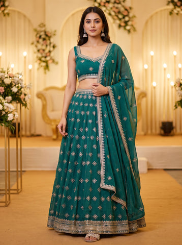 Teal Blue Sequins Embroidered Lehenga Choli