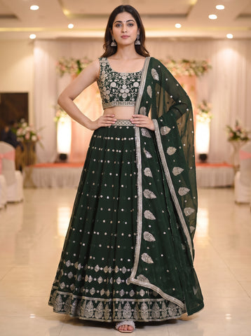 Dark Green Color Sequins Embroidery Work Semi-Stiched Lehenga Choli