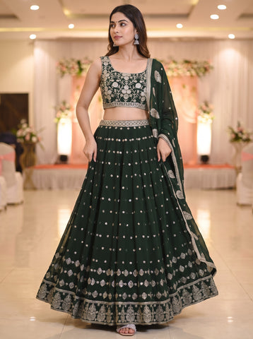 Dark Green Color Sequins Embroidery Work Semi-Stiched Lehenga Choli