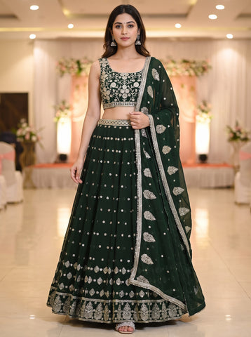 Dark Green Color Sequins Embroidery Work Semi-Stiched Lehenga Choli