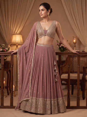 Copper Rose Color Sequins Embroidery Lehenga Choli