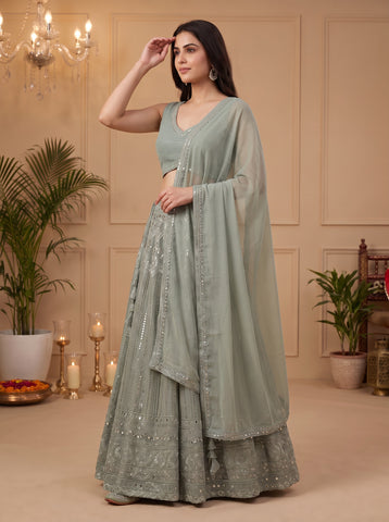 Jungle Mist Color Georgette Sequins Work Lehenga Choli