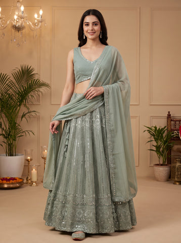 Jungle Mist Color Georgette Sequins Work Lehenga Choli