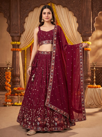 Wine Berry Color Sequins and Multi Thread Embroidery Lehenga Choli