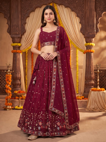 Wine Berry Color Sequins and Multi Thread Embroidery Lehenga Choli