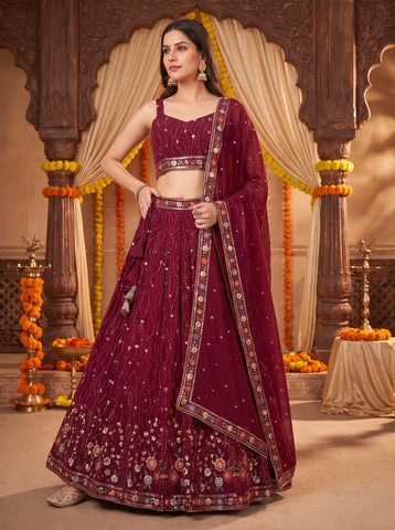 Wine Berry Color Sequins and Multi Thread Embroidery Lehenga Choli