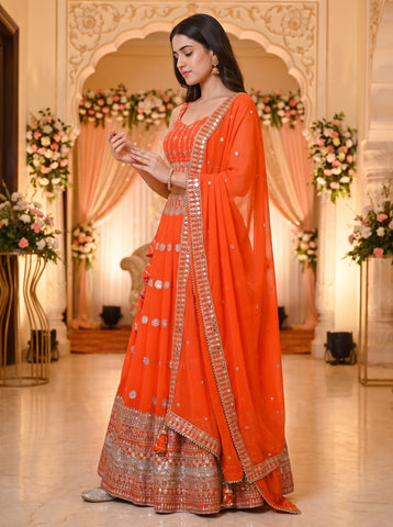 Orange Color Georgette Sequins Work Lehenga Choli
