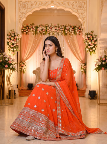 Orange Color Georgette Sequins Work Lehenga Choli