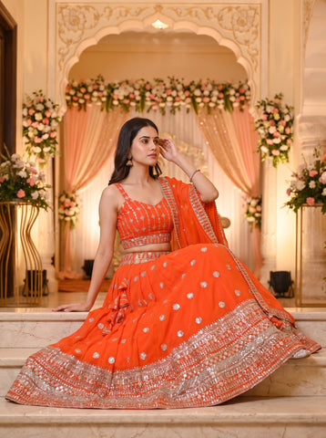Orange Color Georgette Sequins Work Lehenga Choli
