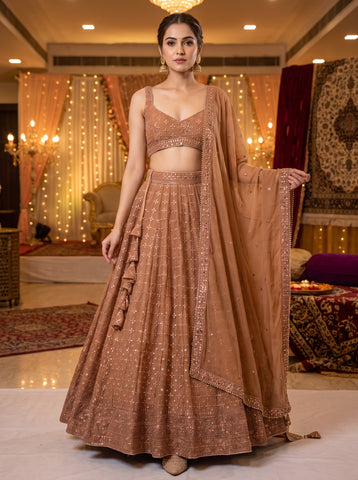 Light Orange Georgette Sequins Work Lehenga Choli