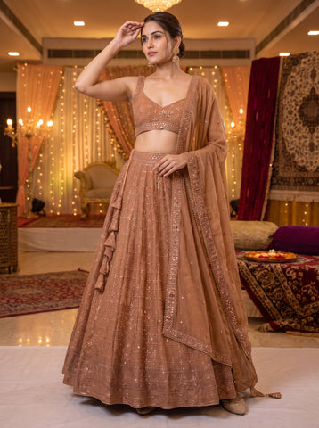 Light Orange Georgette Sequins Work Lehenga Choli