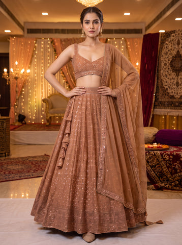 Light Orange Georgette Sequins Work Lehenga Choli