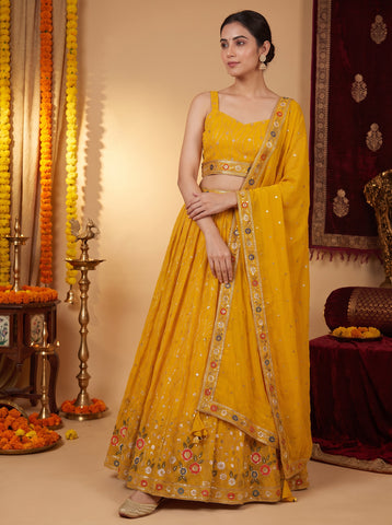 Yellow Color Sequins and Multi Thread Work Lehenga Choli
