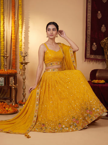 Yellow Color Sequins and Multi Thread Work Lehenga Choli