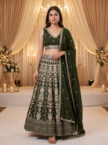 Green color Vichitra Silk Sequins and Zari Work Lehenga Choli