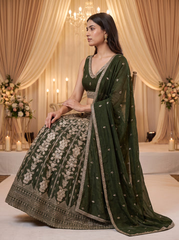 Green color Vichitra Silk Sequins and Zari Work Lehenga Choli