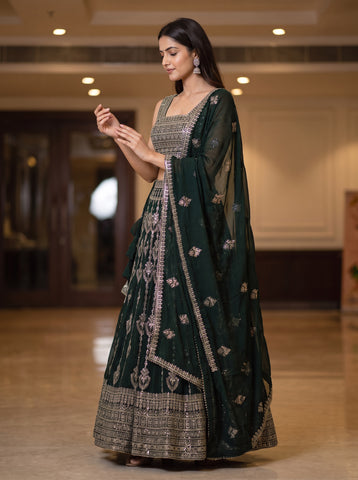 Dark Green Color Sequins Embriodery Work Lehenga Choli