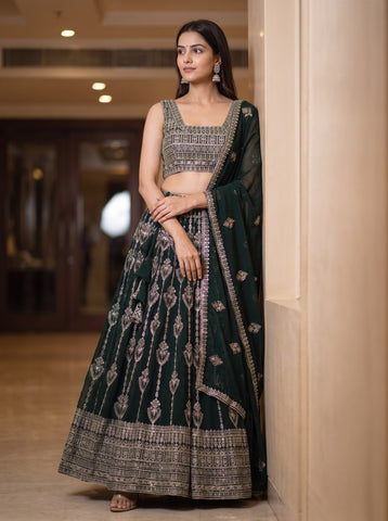 Dark Green Color Sequins Embriodery Work Lehenga Choli