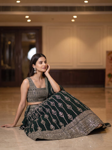 Dark Green Color Sequins Embriodery Work Lehenga Choli