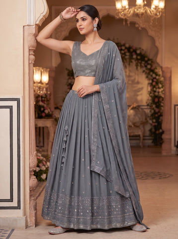 Grey color Georgette Sequins and Thread Work Lehenga Choli