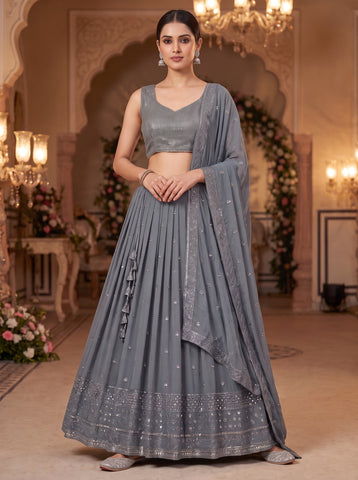 Grey color Georgette Sequins and Thread Work Lehenga Choli