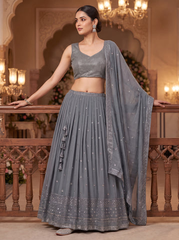 Grey color Georgette Sequins and Thread Work Lehenga Choli