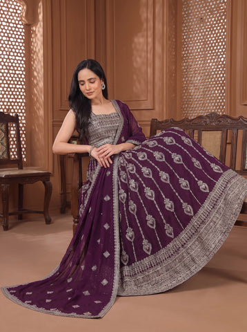 Dark Purple Golden Zari Work Georgette Lehenga Choli