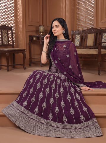 Dark Purple Golden Zari Work Georgette Lehenga Choli