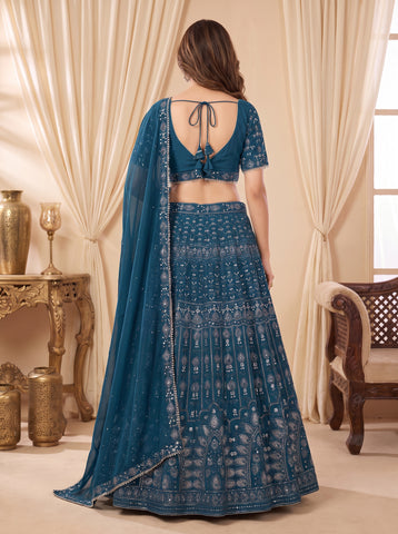 Blue Color Georgette Sequins And Embriodery Work Lehenga Choli