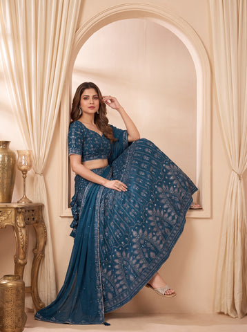 Blue Color Georgette Sequins And Embriodery Work Lehenga Choli