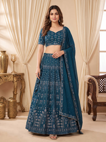 Blue Color Georgette Sequins And Embriodery Work Lehenga Choli