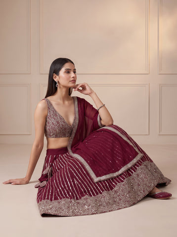 Maroon Color Georgette Sequins Work Lehenga Choli