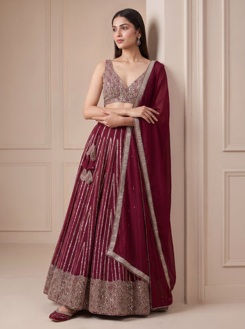 Maroon Color Georgette Sequins Work Lehenga Choli