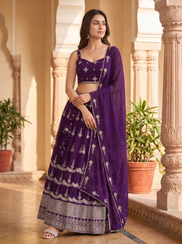 Deep Purple Color Sequins Embriodery Work Lehenga Choli