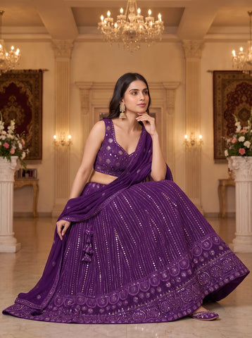 Blue Color Georgette Sequins Work Lehenga Choli