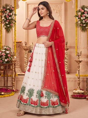 White Color Sequins and Thread Work Lehenga Choli