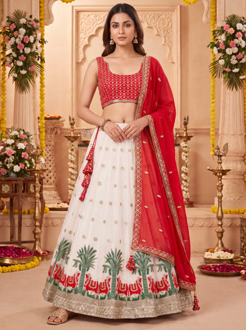 White Color Sequins and Thread Work Lehenga Choli