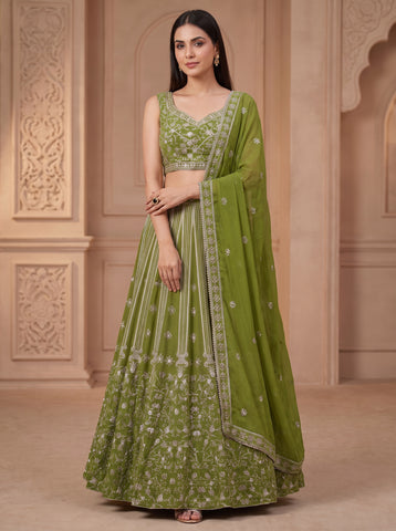 Green Color Georgette Sequins Work Semi-stiched Lehenga Choli