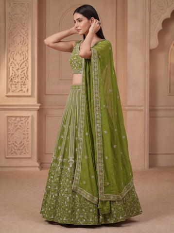 Green Color Georgette Sequins Work Semi-stiched Lehenga Choli
