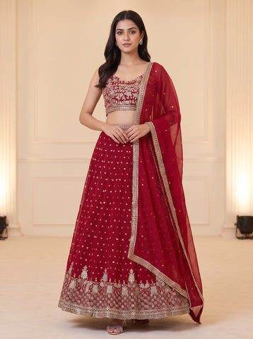 Red Color Georgette Sequins Embroidery Lehenga Choli