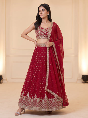 Red Color Georgette Sequins Embroidery Lehenga Choli
