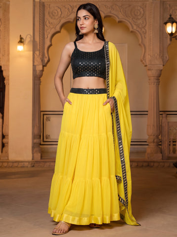 Georgette Frill Lehenga Yellow Colored Choli