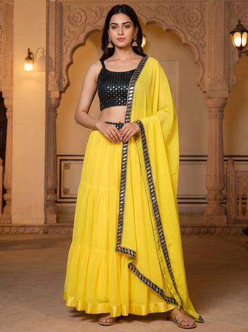 Georgette Frill Lehenga Yellow Colored Choli