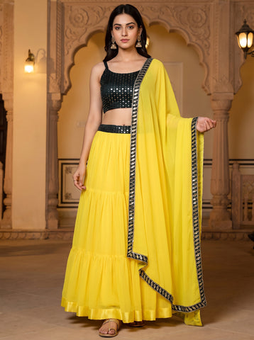 Georgette Frill Lehenga Yellow Colored Choli