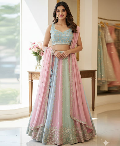 Multi color Georgette Sequins and Zari Work Lehenga Choli