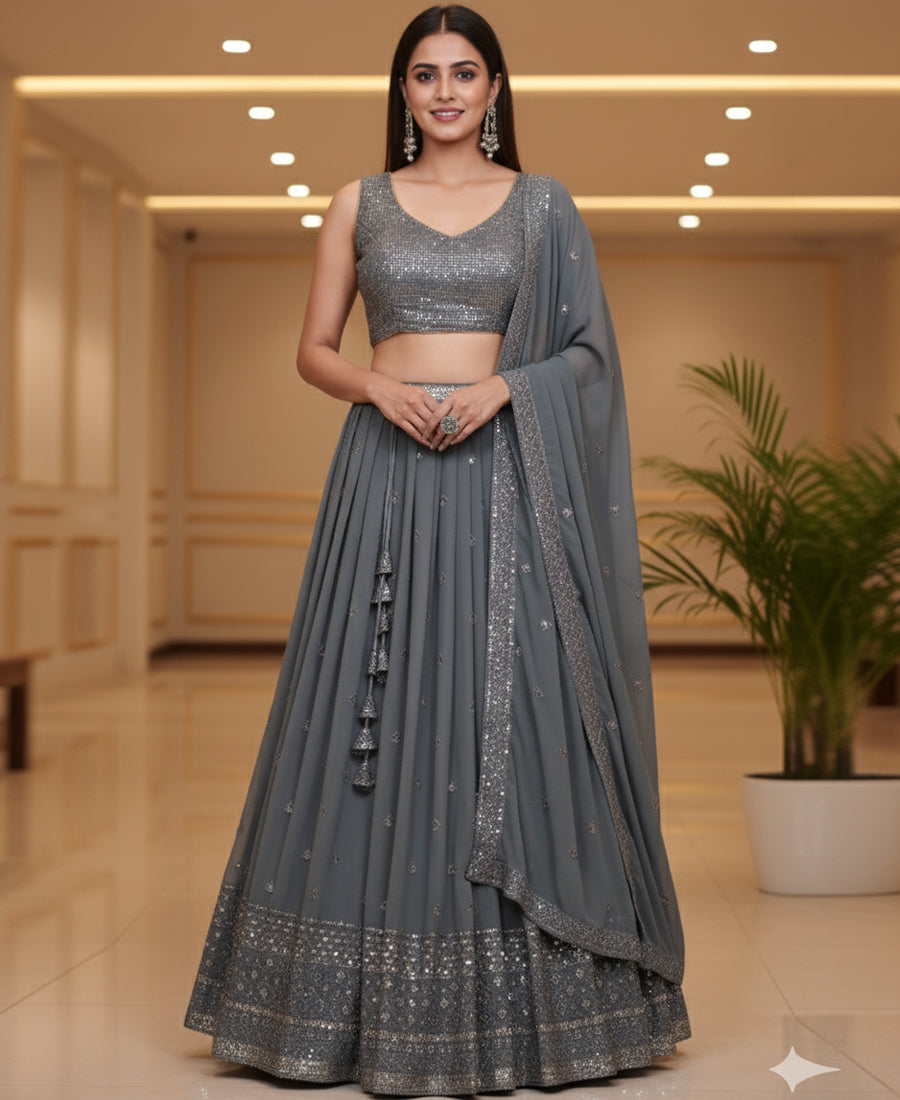 Grey color Georgette Sequins and Thread Work Lehenga Choli